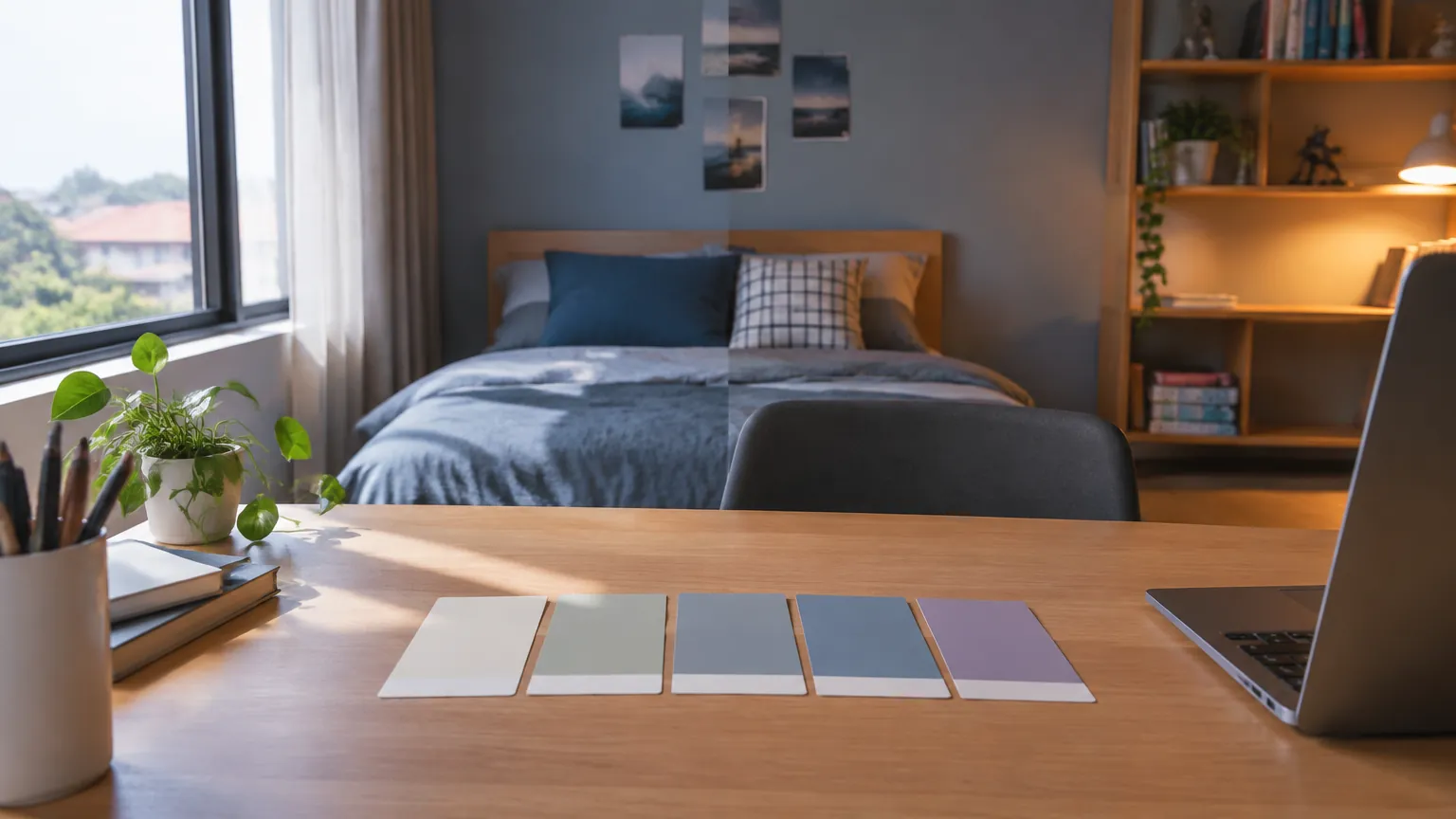Kamar remaja dengan sampel warna di meja dekat tempat tidur