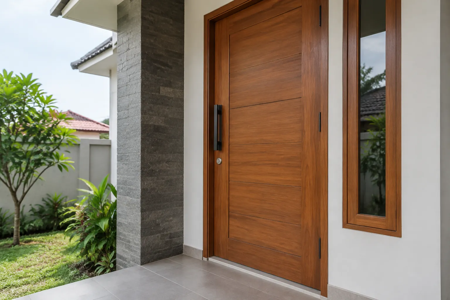 Pintu masuk kayu dengan pelindung atap dan dinding batu