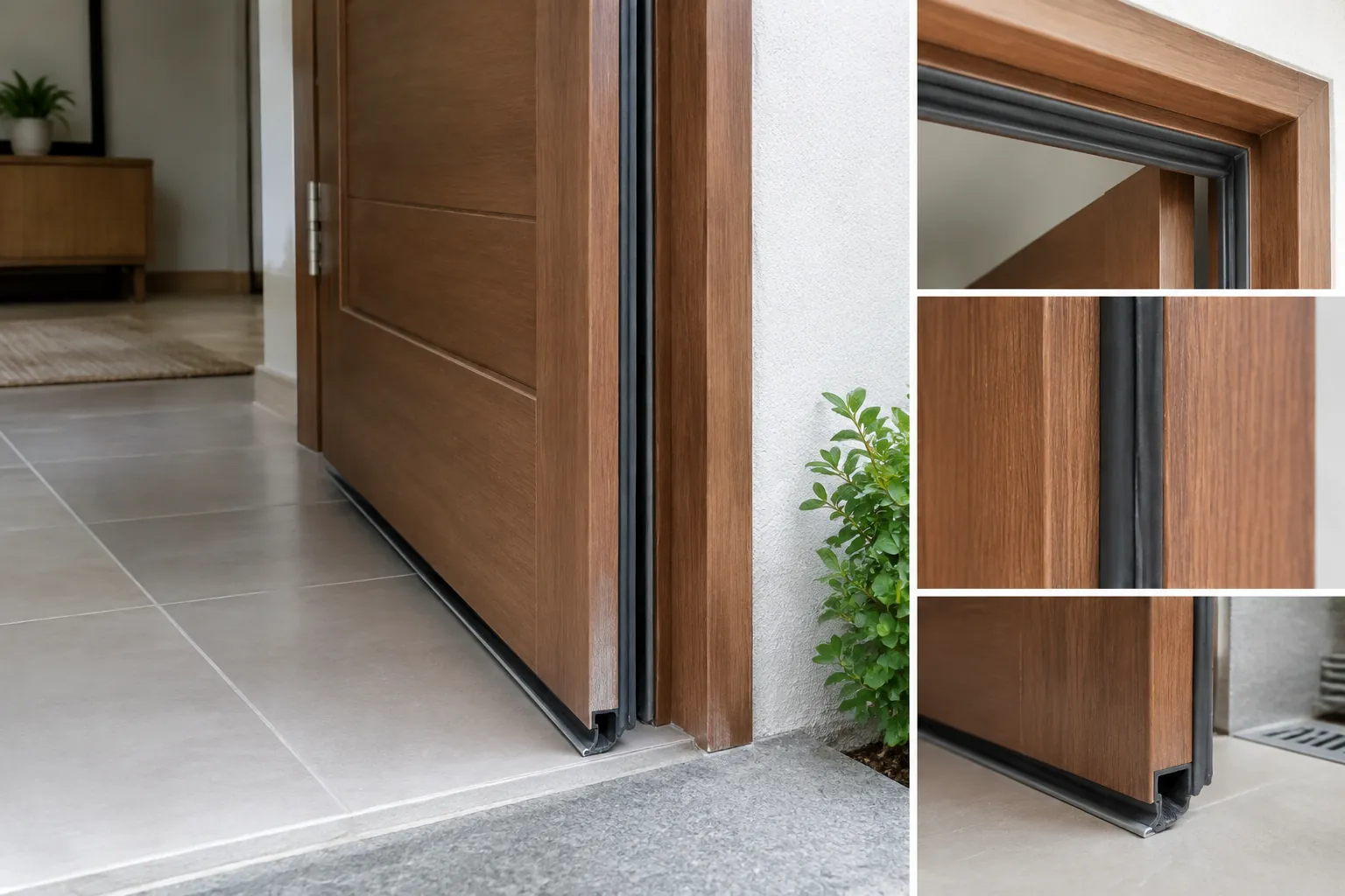 Detail ambang dan tepi pintu kayu dengan contoh penyekat