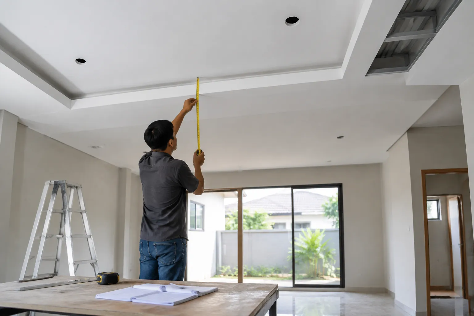 Pekerja mengukur tinggi plafon pada ruang yang sedang direnovasi