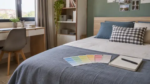 Kamar remaja dengan sampel warna di atas tempat tidur