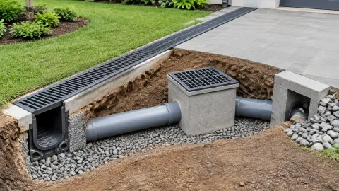 Saluran drainase terbuka dan bak kontrol di tepi halaman