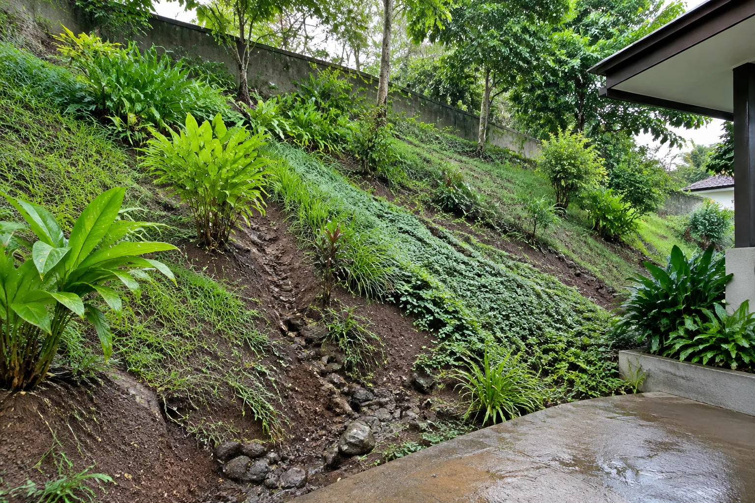 Lereng taman dengan tanaman dan alur tanah terbuka