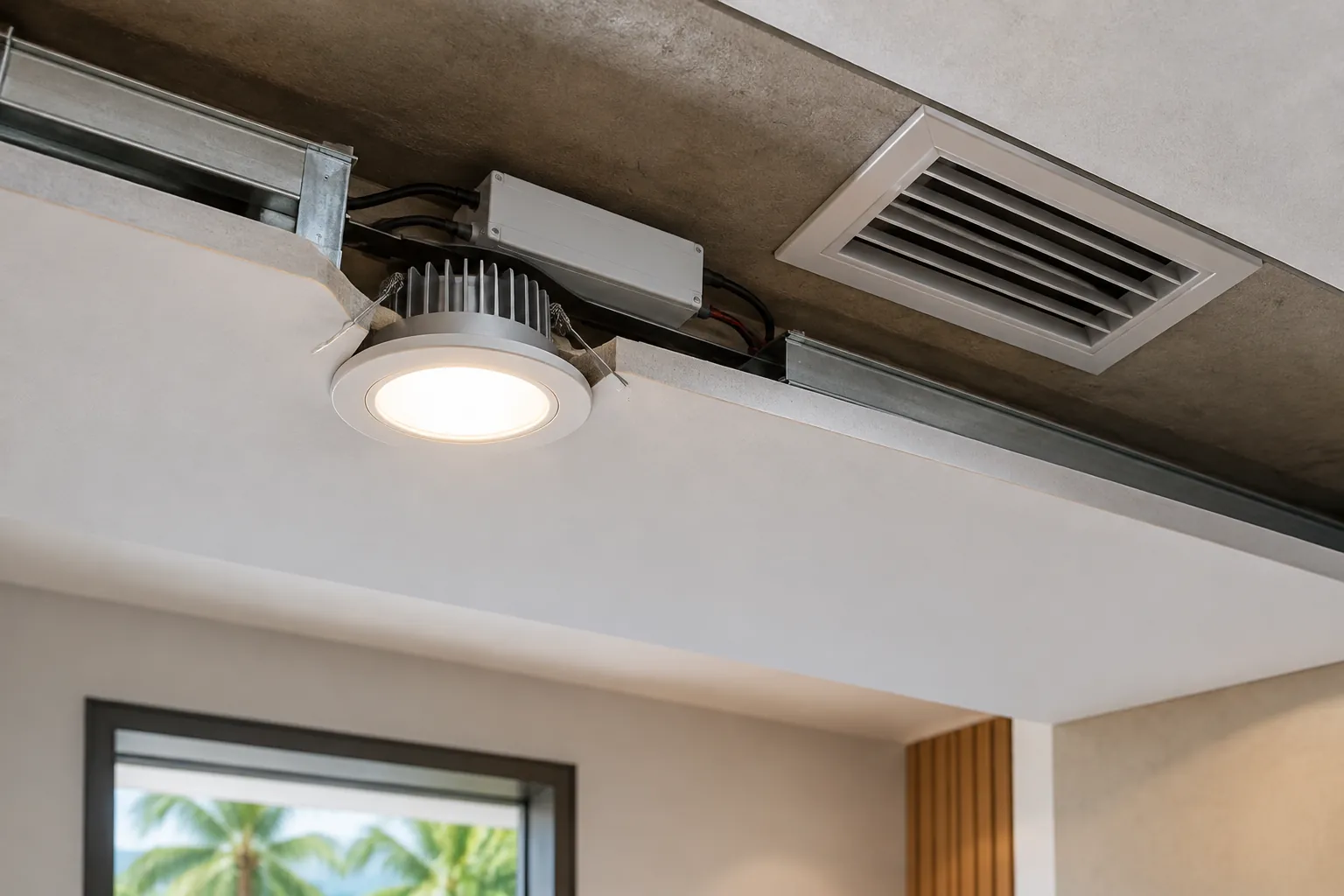 Lampu plafon dan kisi ventilasi pada ruang dalam