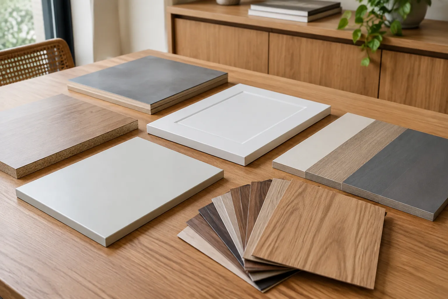 Sampel panel furnitur dengan warna dan tekstur berbeda