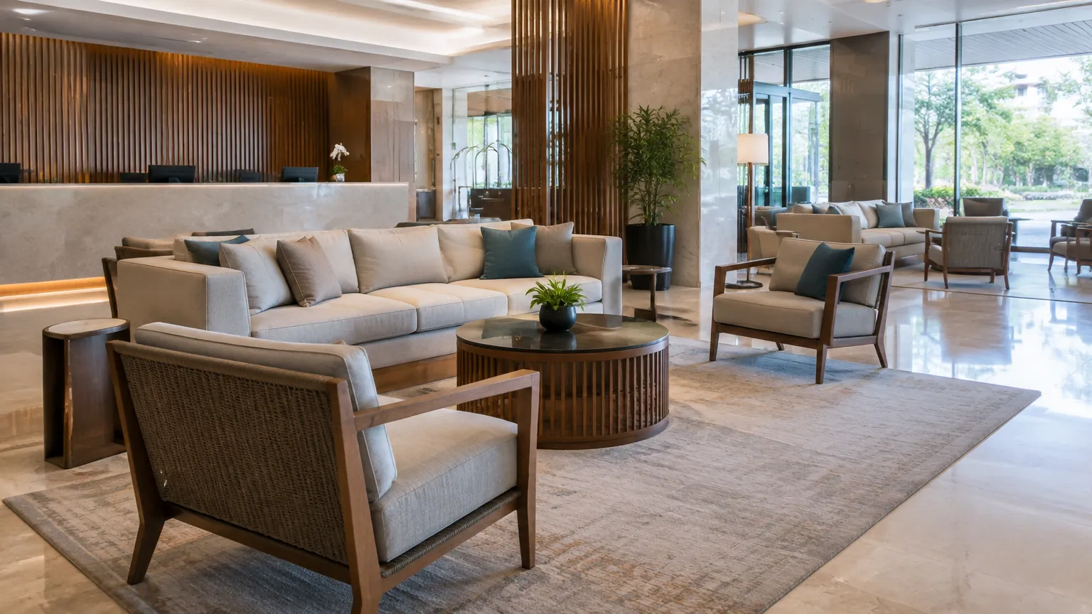 Area duduk lobi hotel dengan sofa dan kursi