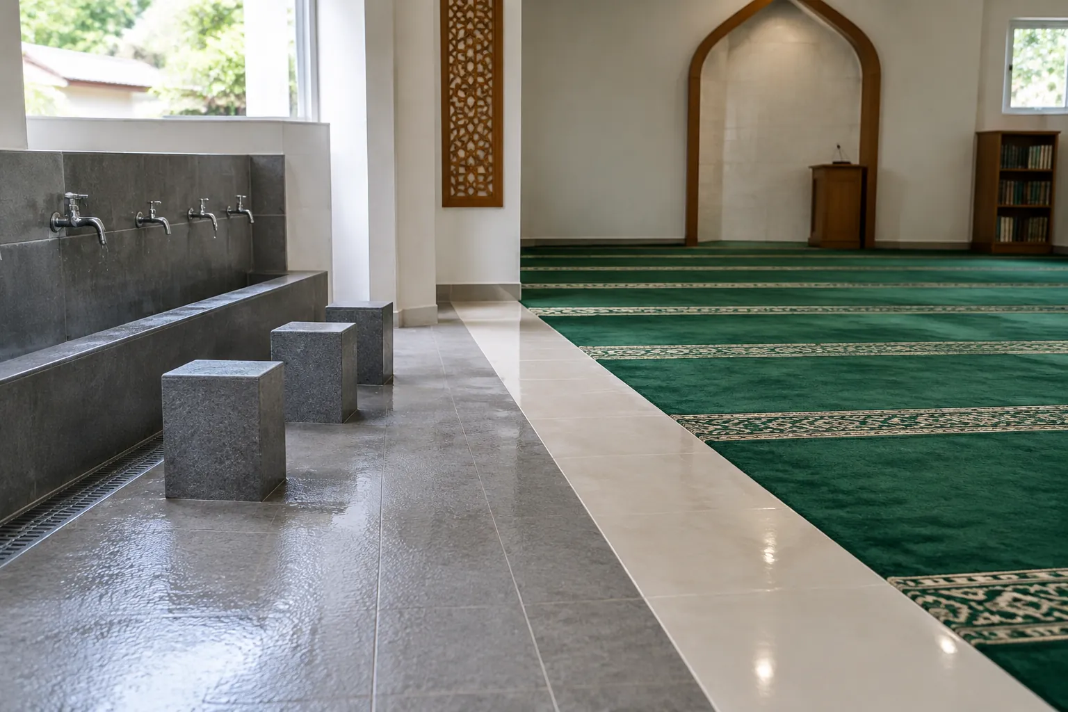 Lantai area wudu berbatasan dengan karpet musala