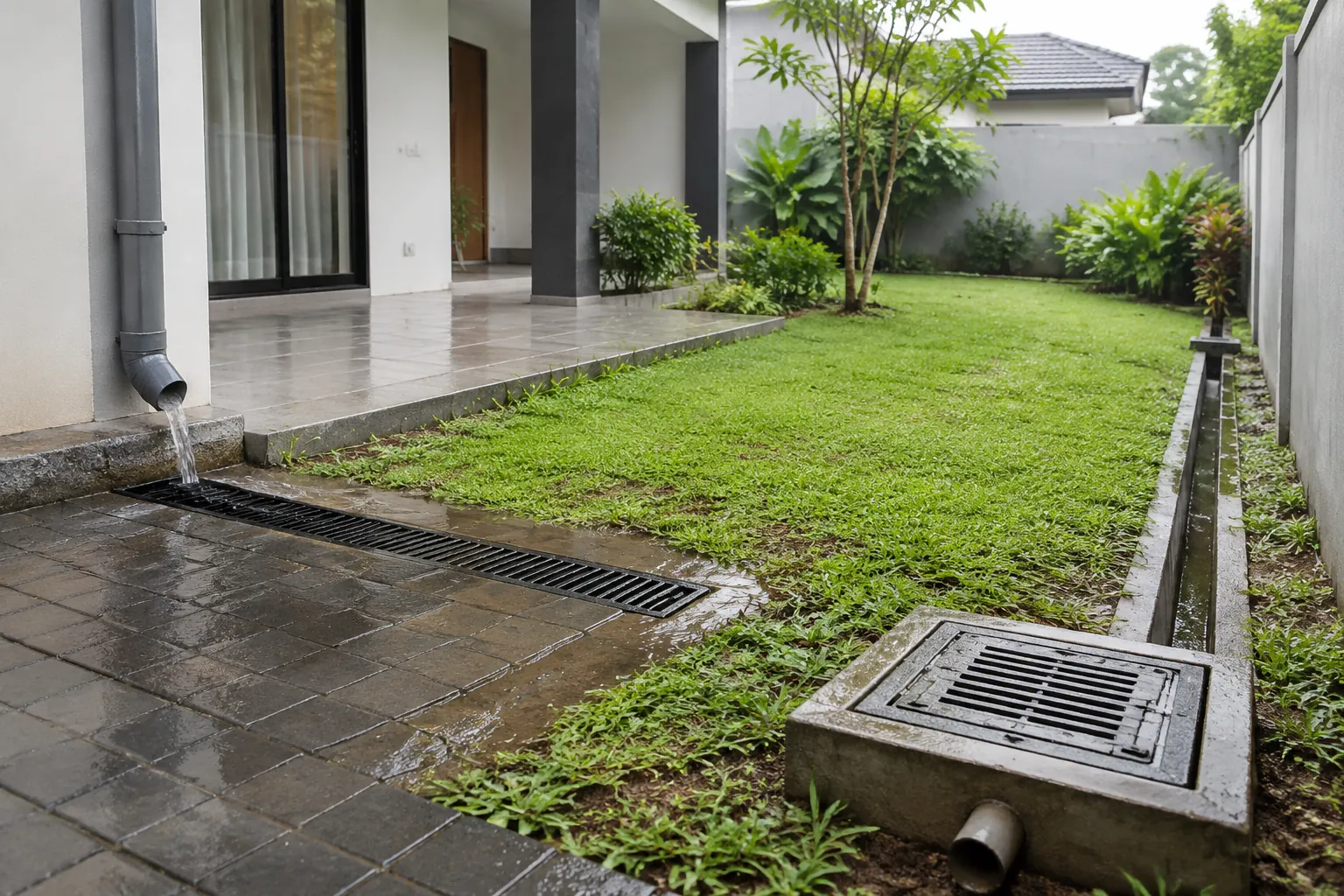 Pipa turun, saluran linear, dan bak kontrol terlihat pada sisi halaman