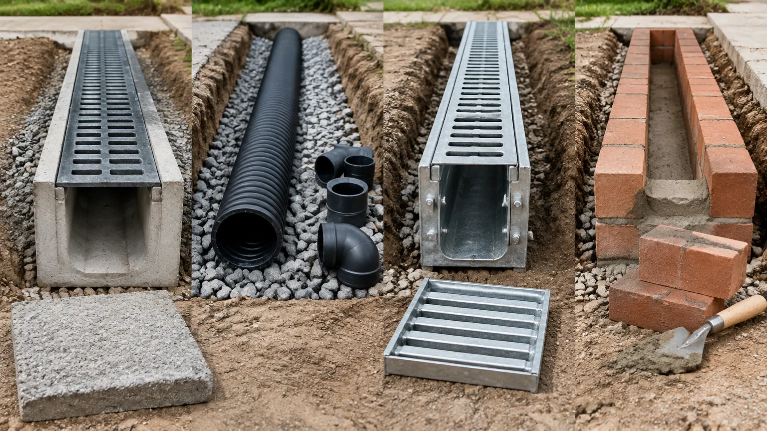 Beberapa bahan saluran drainase dalam galian