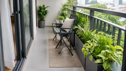 Balkon sempit dengan kursi lipat dan tanaman tepi