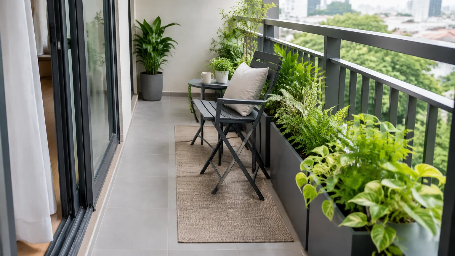 Balkon sempit dengan kursi lipat dan tanaman tepi