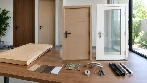 Beberapa contoh daun pintu dan perangkat keras di meja