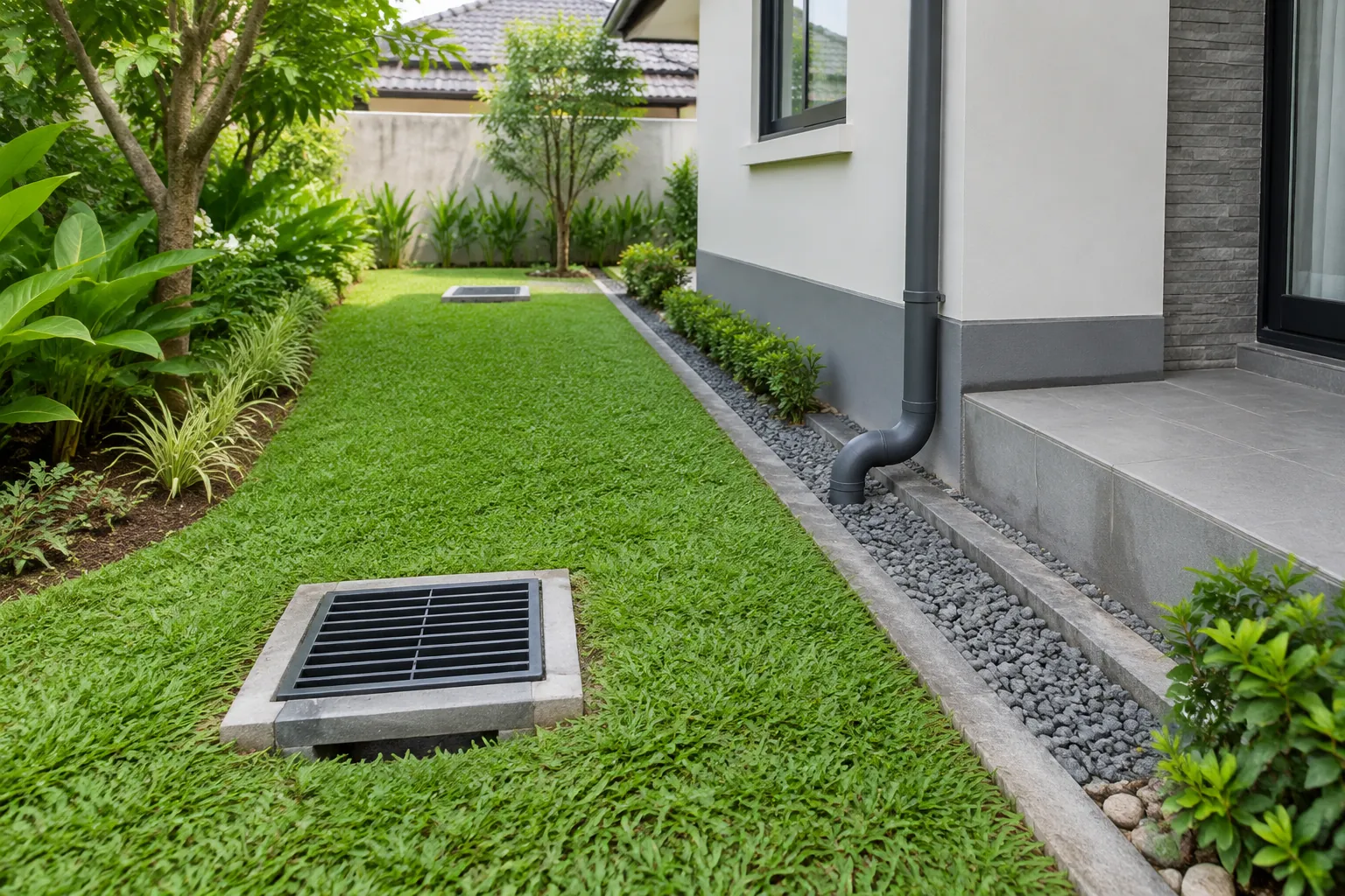 Grating saluran air terpasang di antara rumput dan dinding rumah