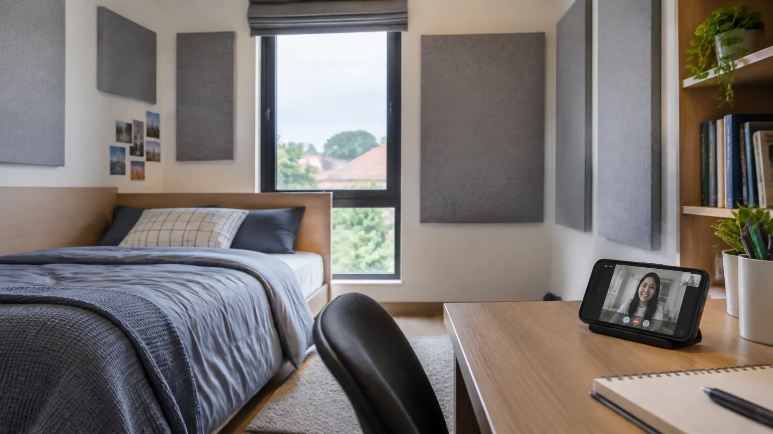 Kamar remaja dengan panel dinding dan meja belajar