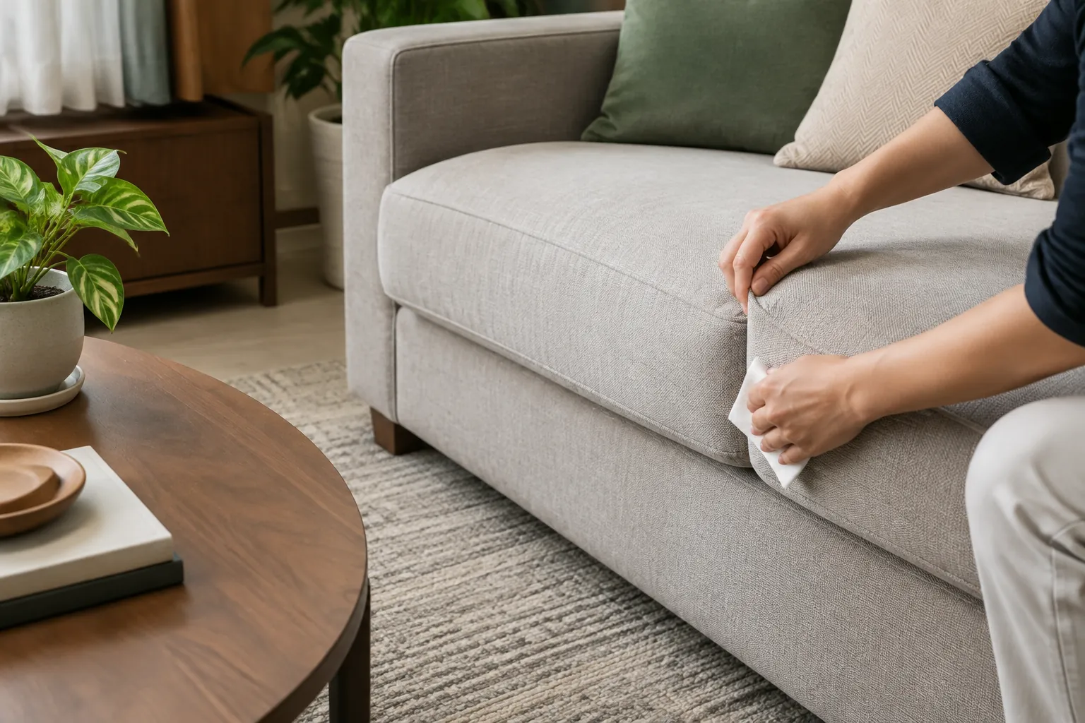 Seseorang membersihkan permukaan sofa kain dengan lap