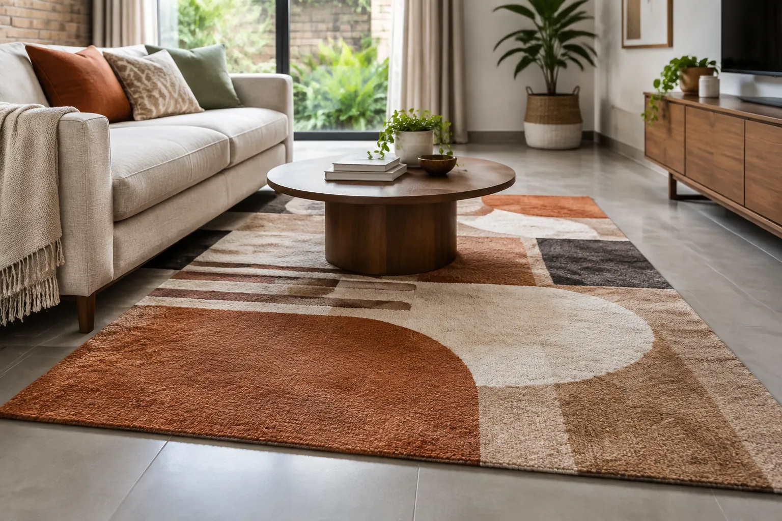 Ruang tamu dengan karpet bermotif dan lantai polos