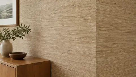 Wallpaper bertekstur serat alami pada dinding ruang
