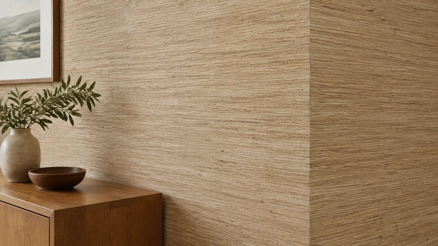 Wallpaper bertekstur serat alami pada dinding ruang