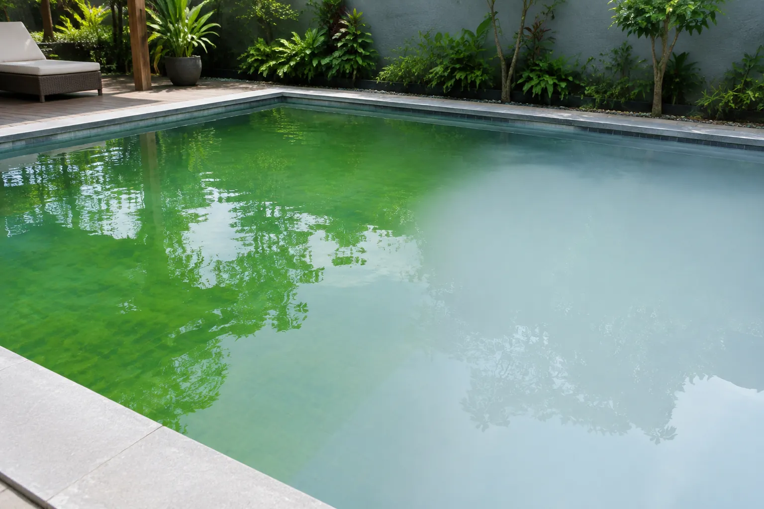 Air kolam tampak hijau pada sebagian permukaannya