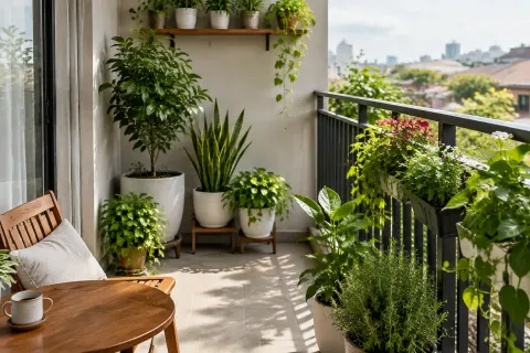 Tanaman dalam pot di balkon dengan area duduk
