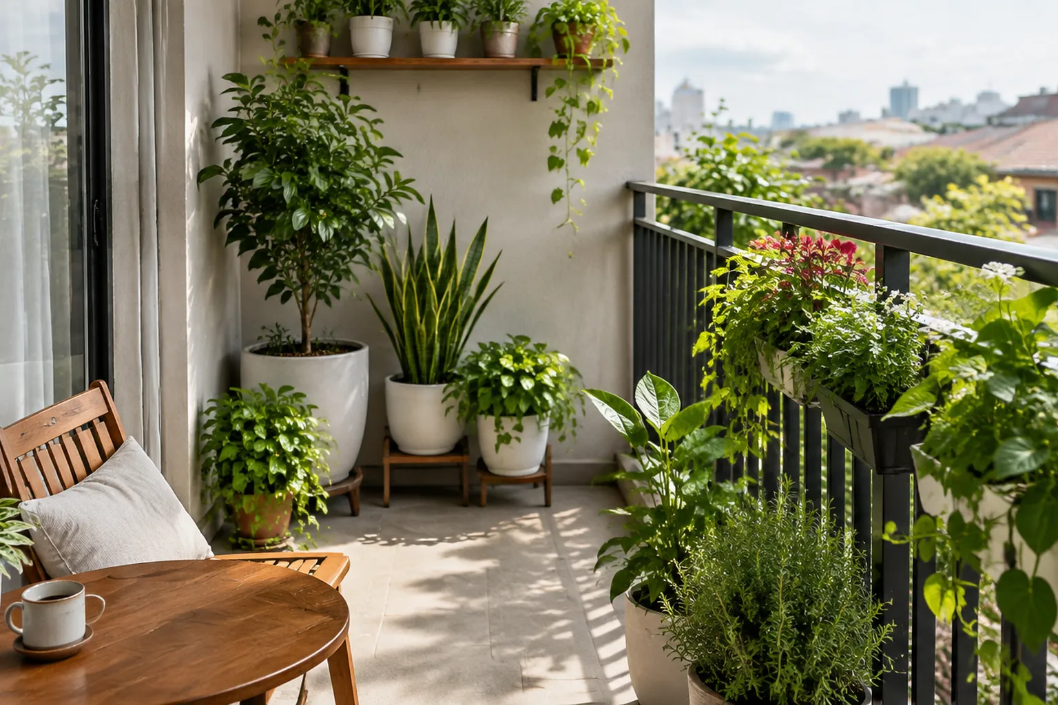 Tanaman dalam pot di balkon dengan area duduk