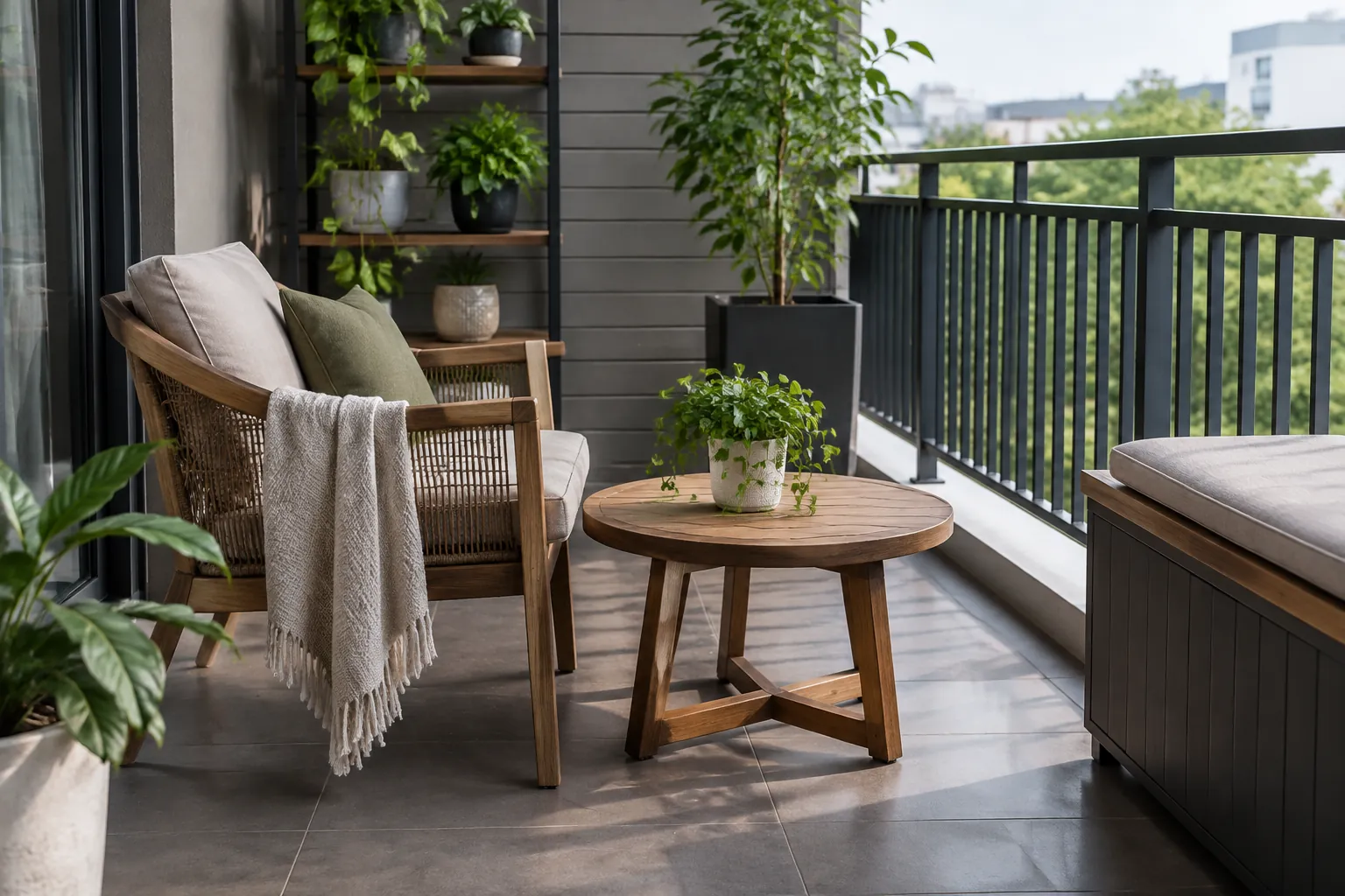 Balkon dengan kursi, meja kecil, dan tanaman