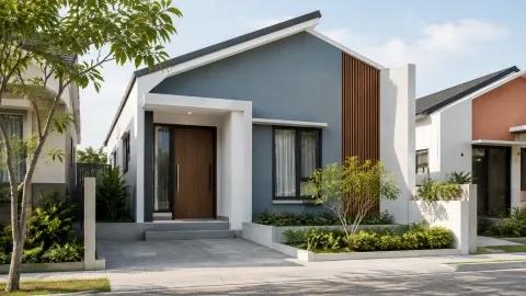 Rumah dengan fasad biru gelap dan aksen kayu