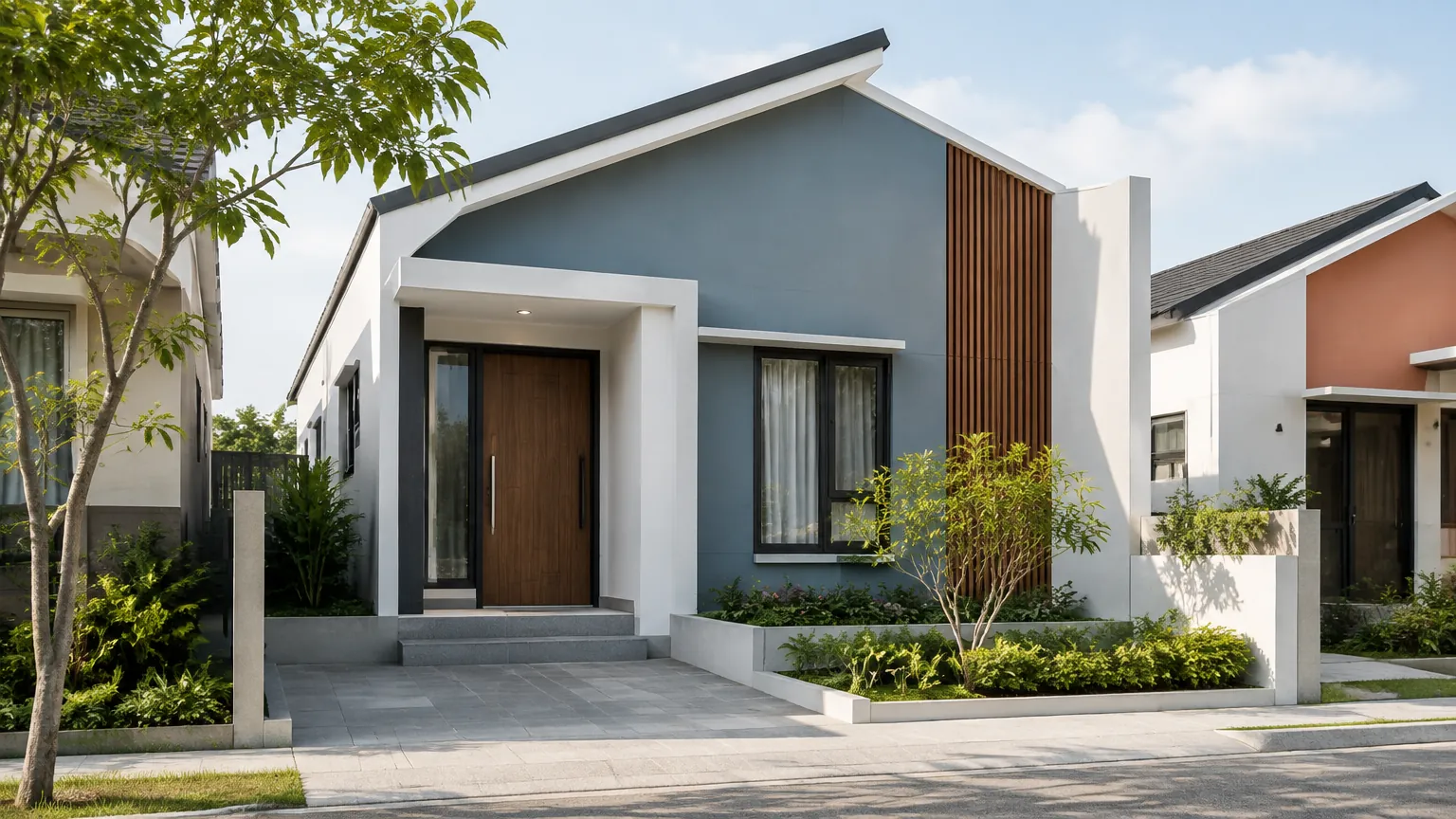 Rumah dengan fasad biru gelap dan aksen kayu