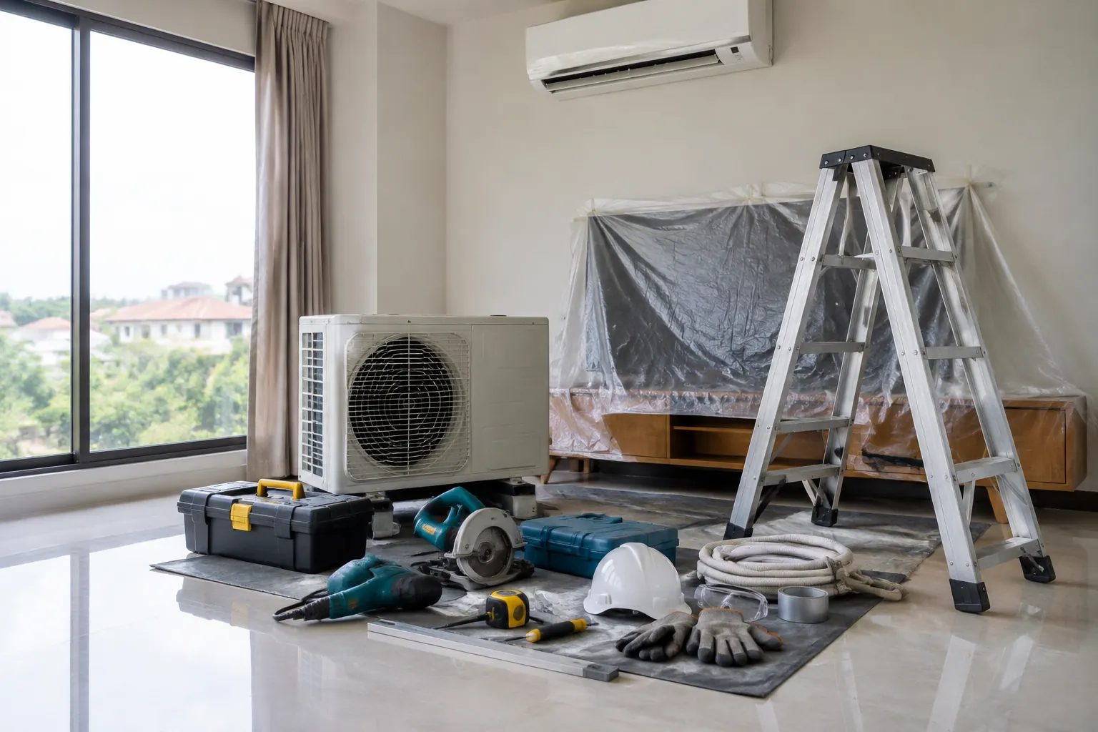 Peralatan dan tangga kerja di ruang renovasi.