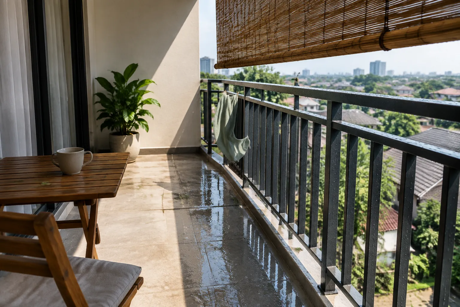 Lantai balkon basah di dekat pagar dan naungan bambu