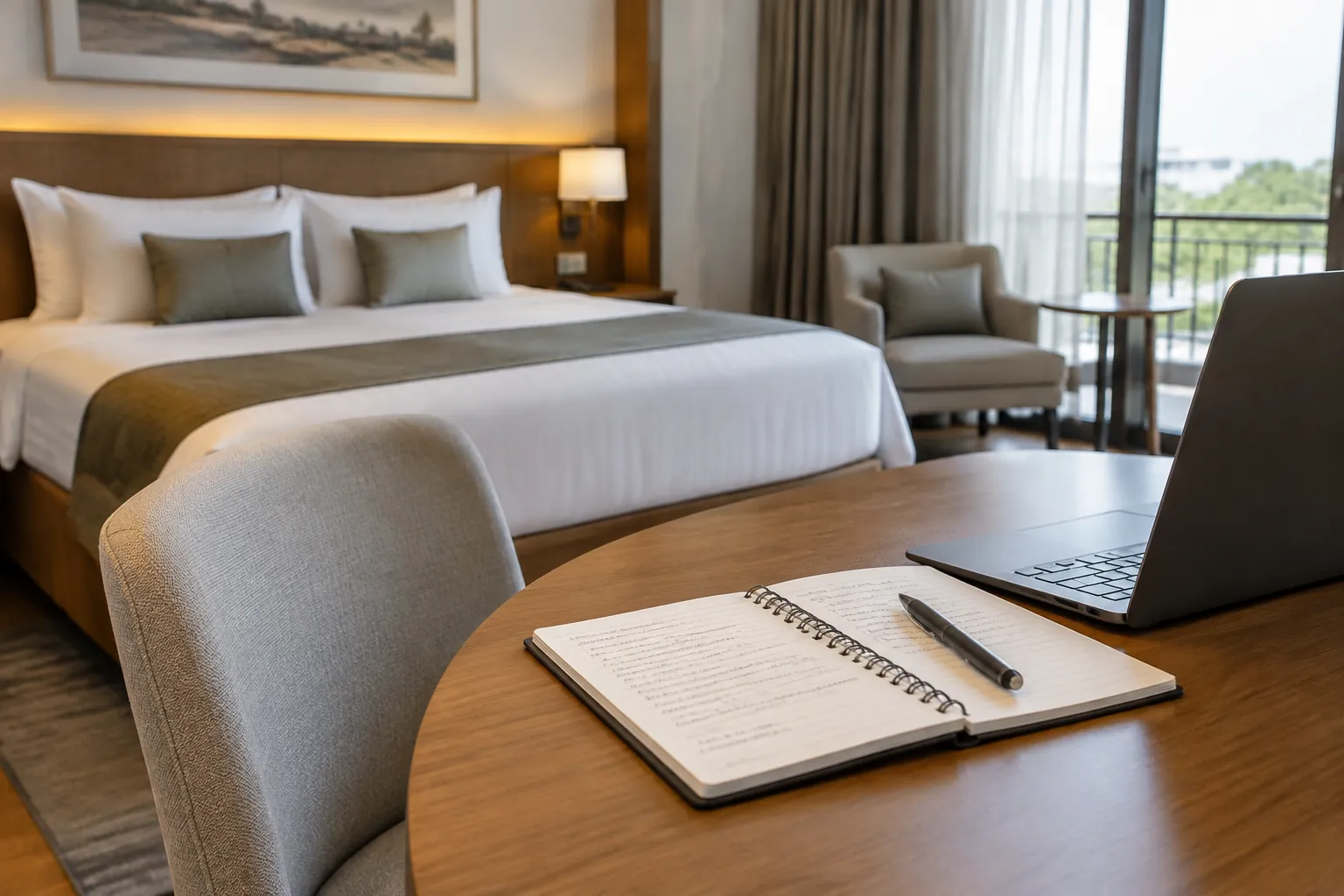Kamar hotel dengan laptop dan buku catatan.