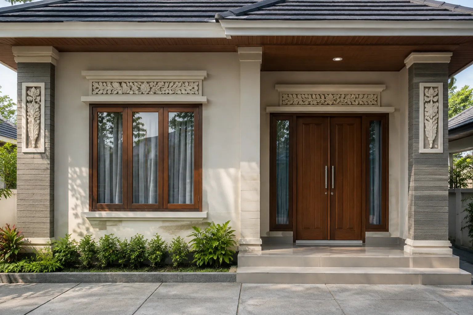 Detail ornamen di sekitar jendela dan pintu fasad rumah