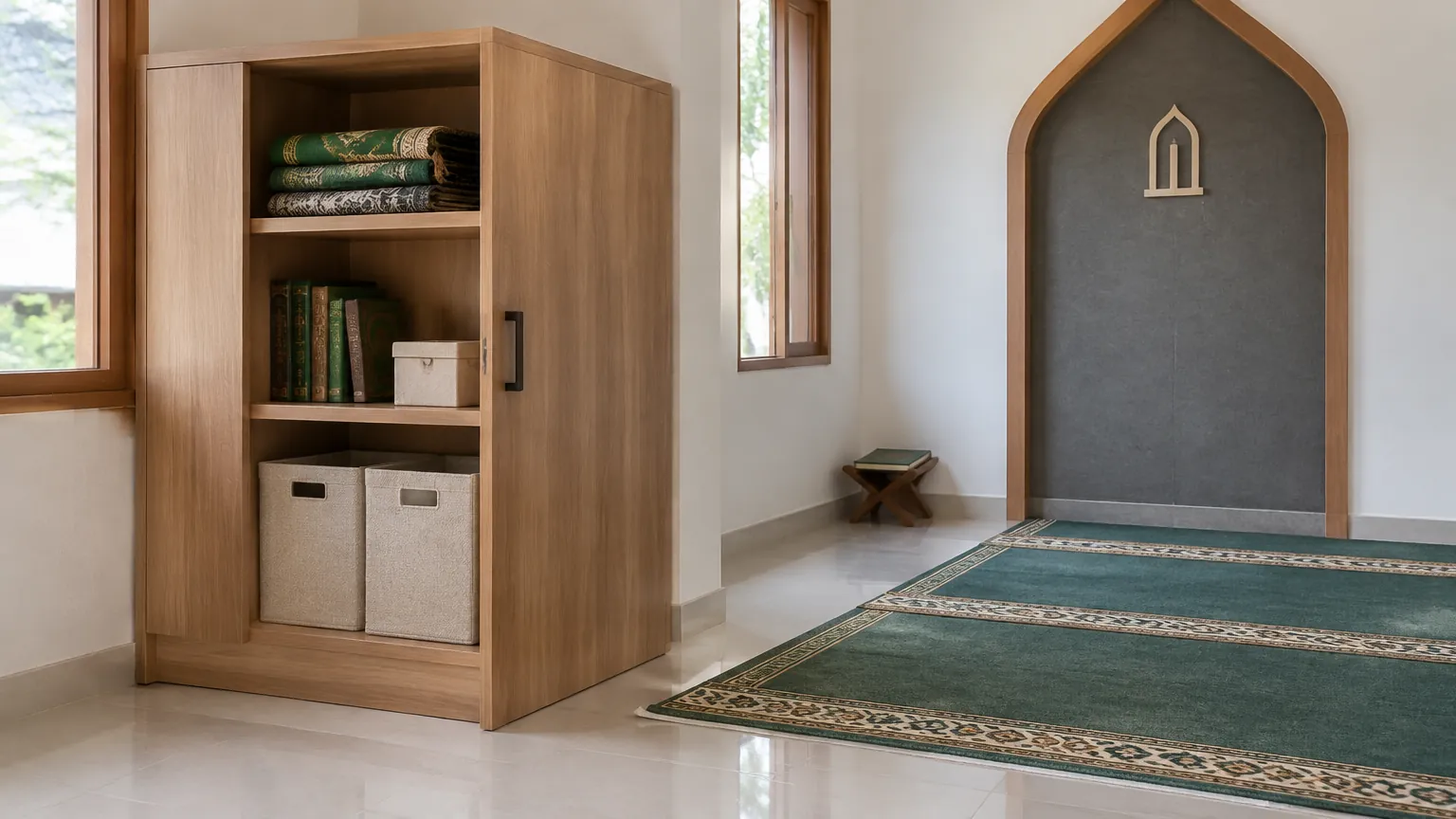 Kabinet kayu di tepi area karpet mushola