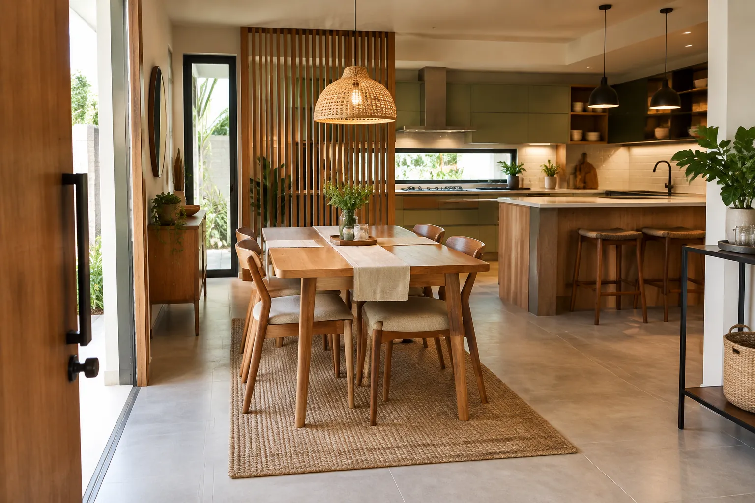 Bilah kayu memisahkan sebagian area makan dari dapur terbuka