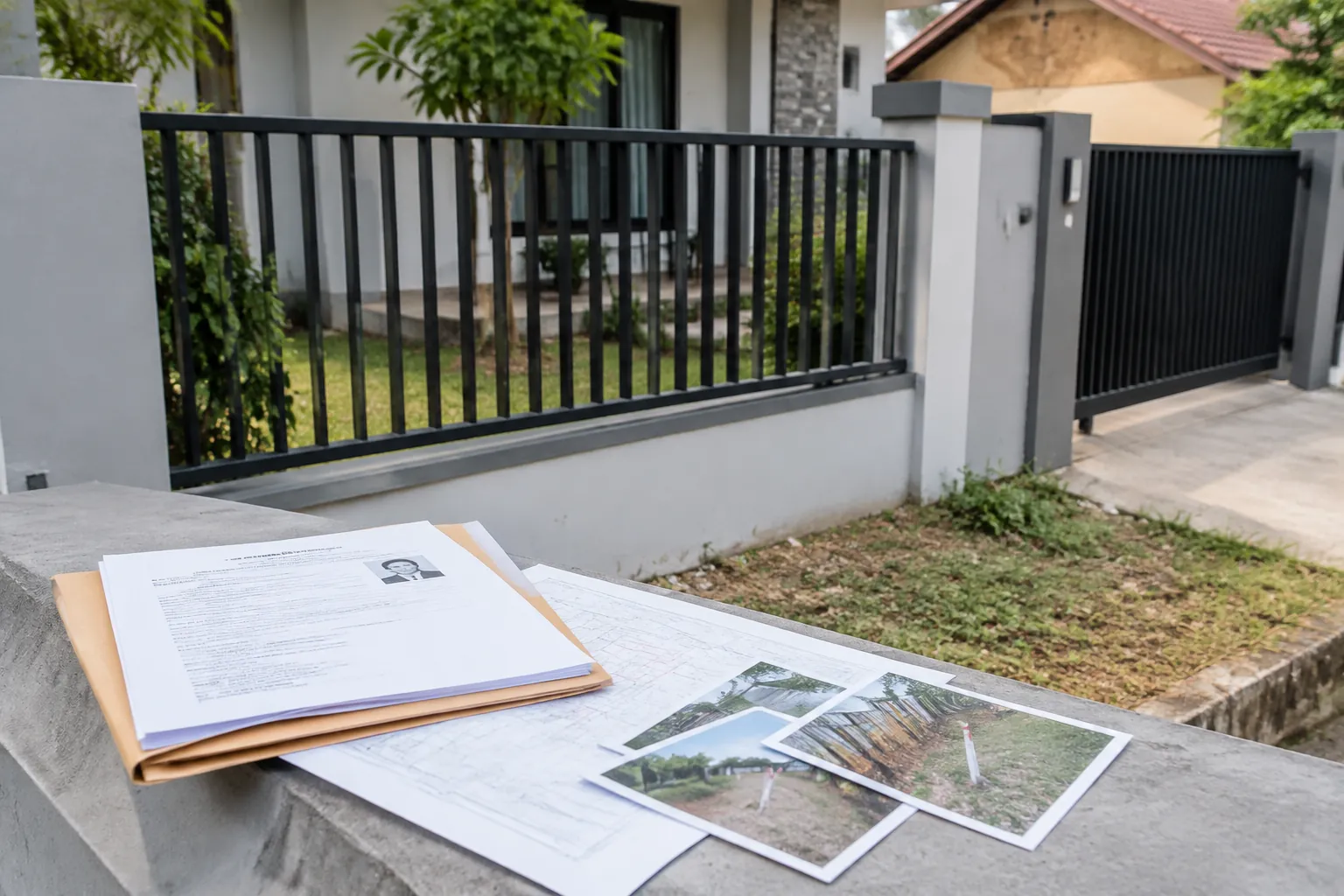 Dokumen dan gambar pagar diletakkan di depan pagar rumah