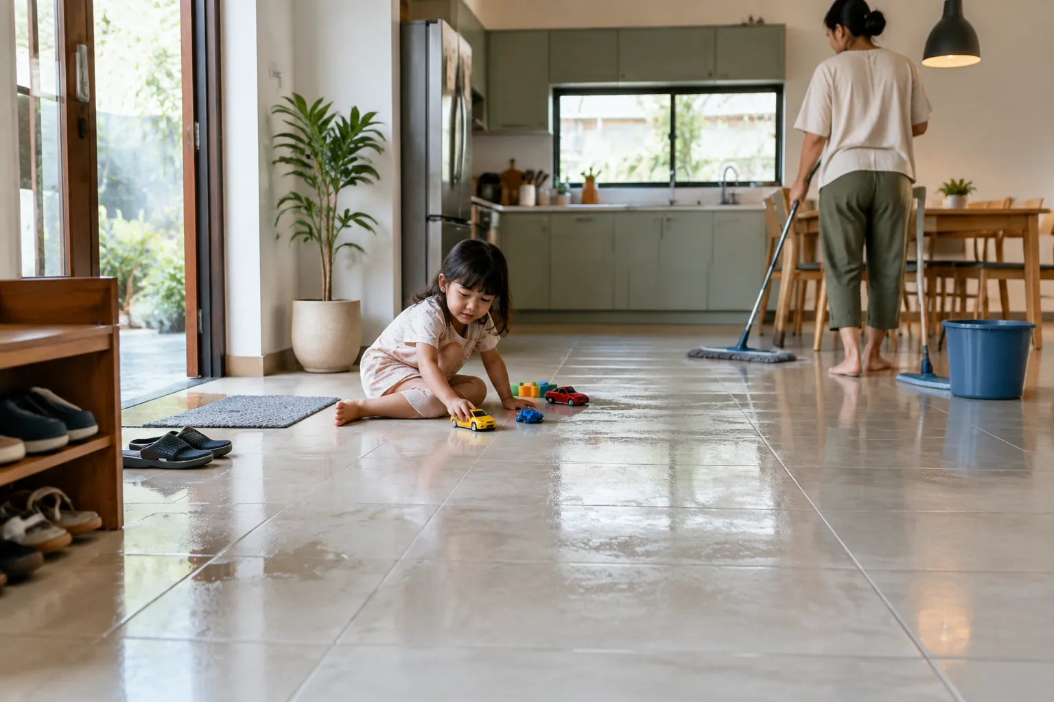 Anak bermain di lantai sementara orang dewasa membersihkan area dapur