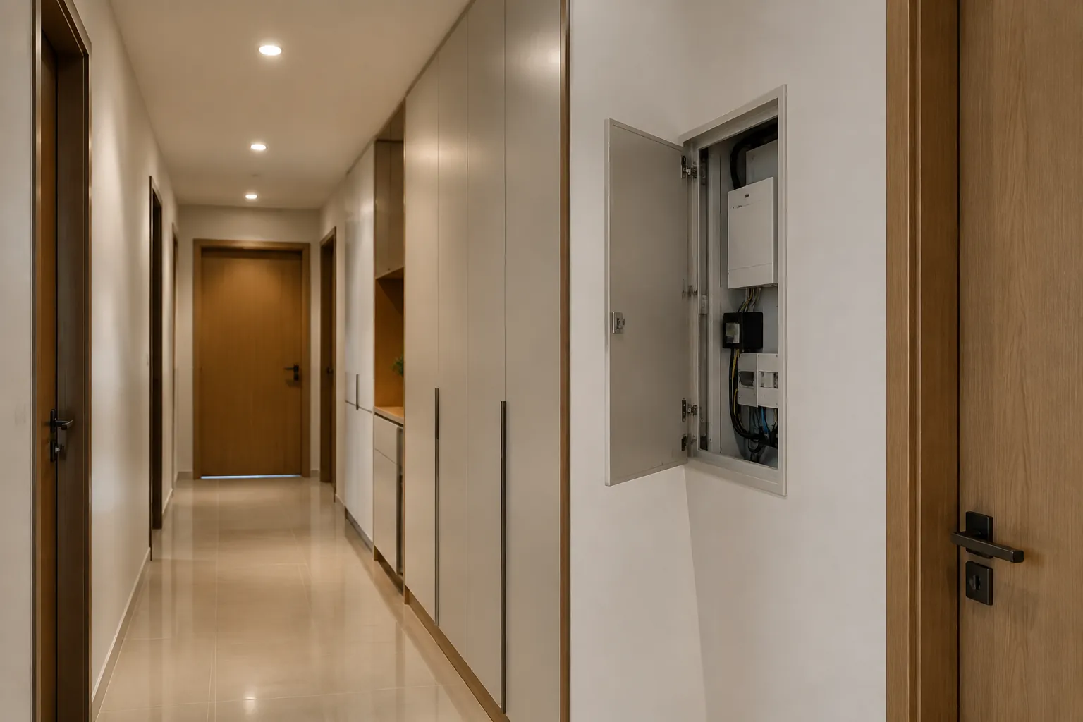 Pencahayaan di lorong berkabinet.