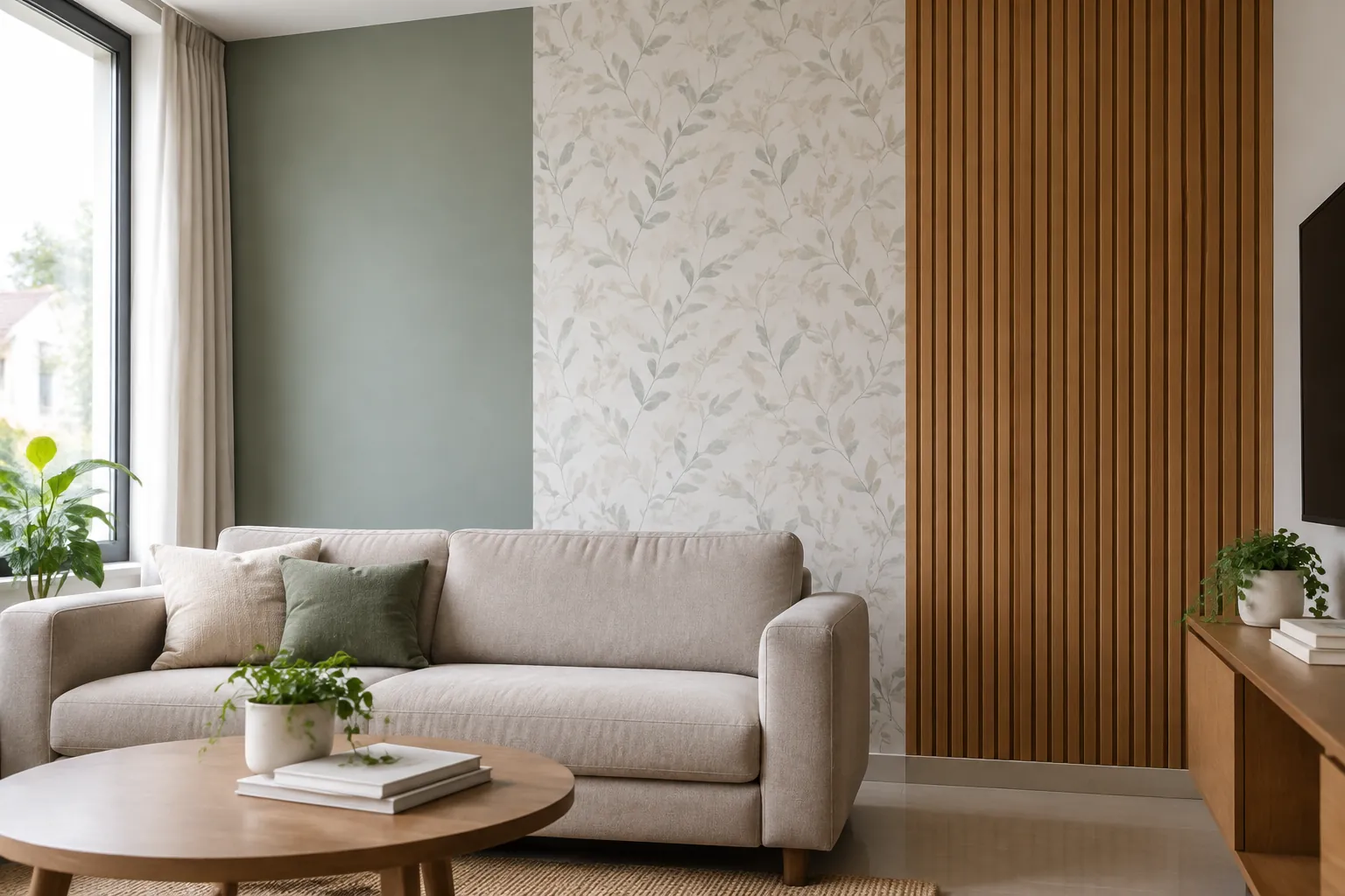 Dinding ruang keluarga dengan wallpaper dan panel kayu