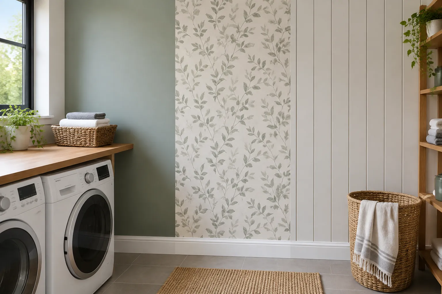Ruang cuci dengan cat, wallpaper, dan panel dinding berbeda