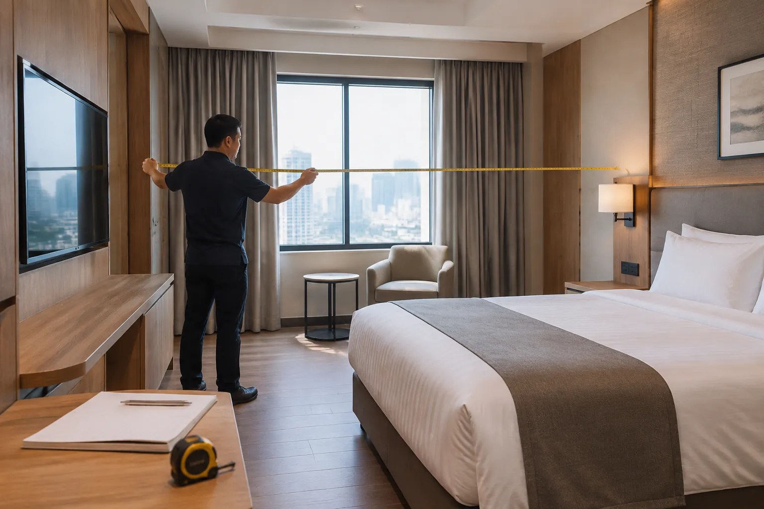 Pekerja mengukur bukaan jendela di kamar hotel