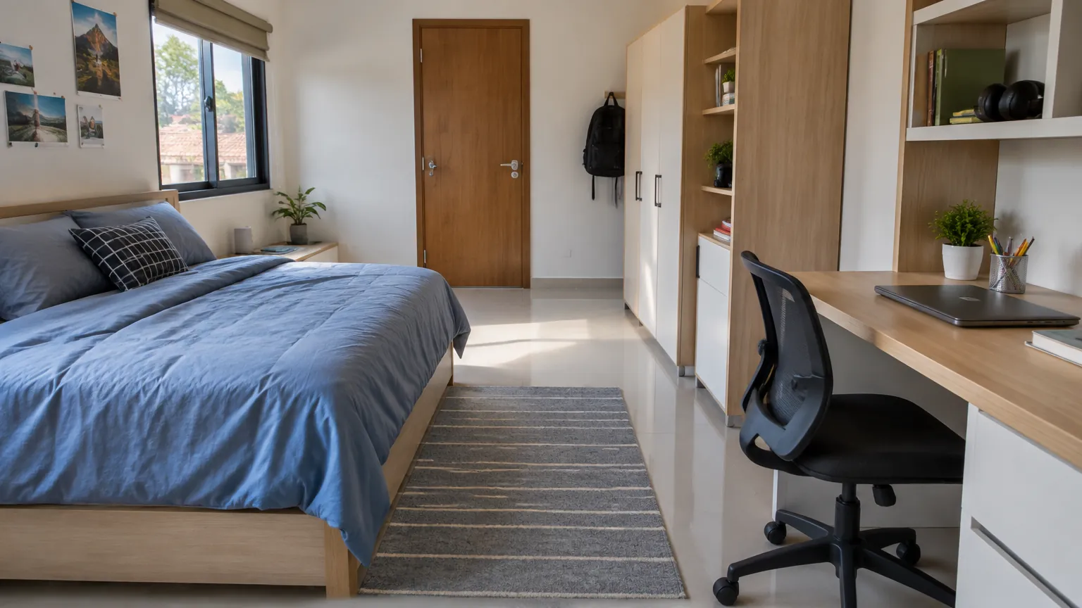 Jalur antara tempat tidur dan meja pada kamar remaja