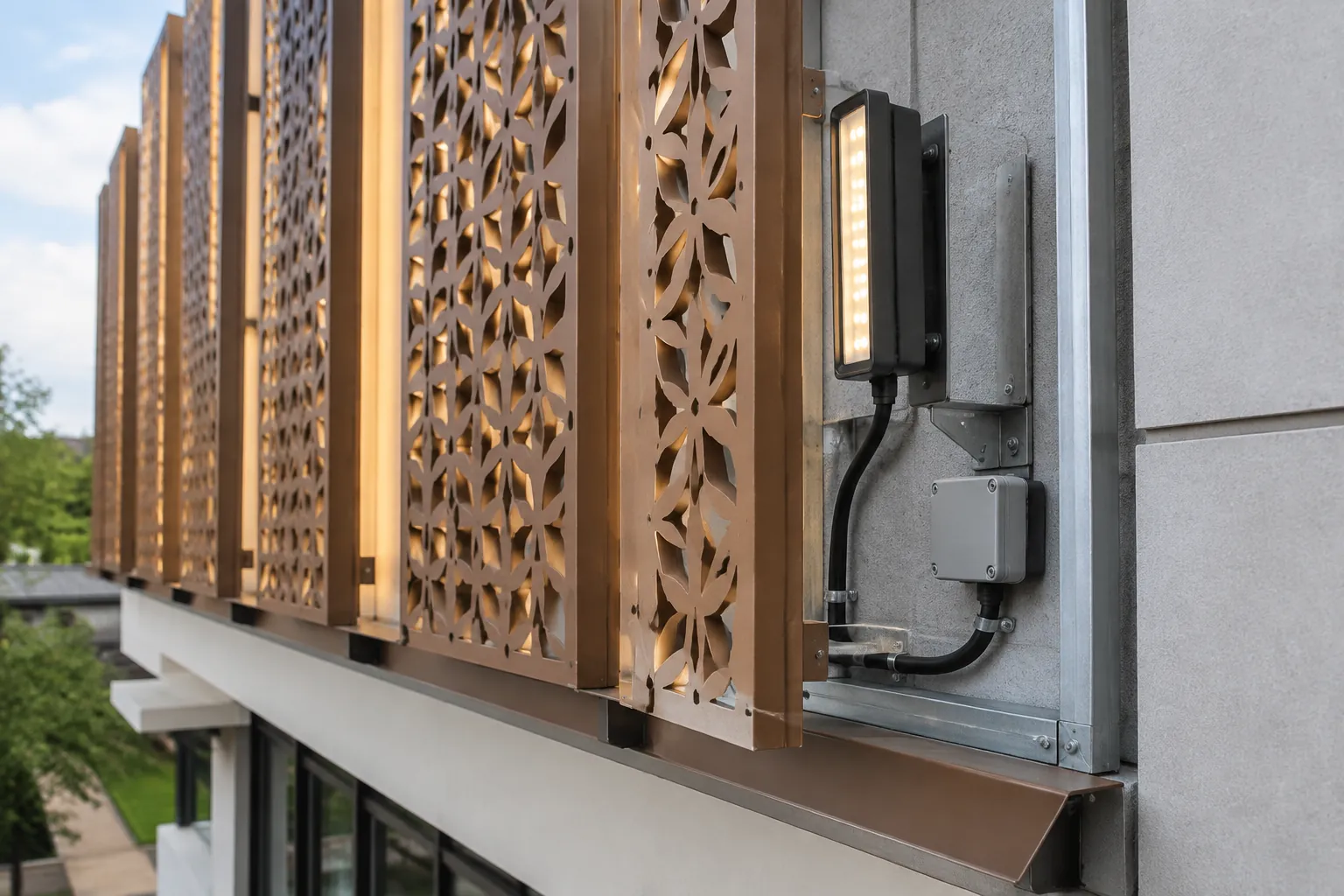 Detail panel ornamen luar dengan lampu dan kotak sambungan di sampingnya