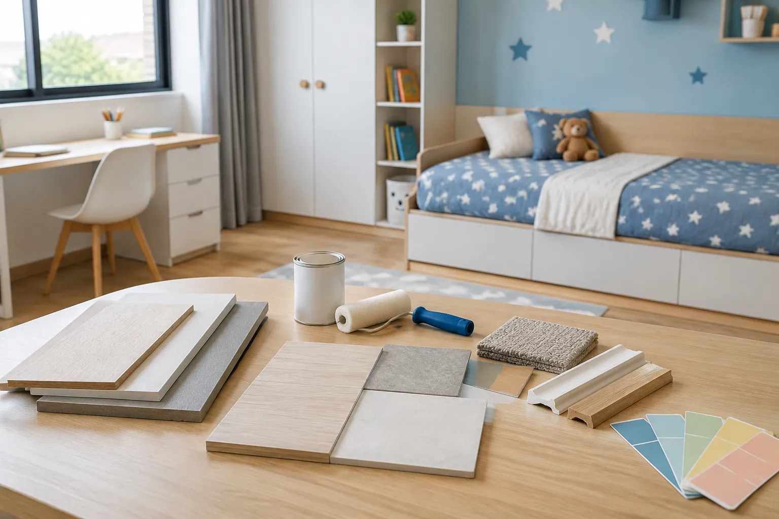 Contoh papan, lantai, dan warna disusun bersama di kamar anak