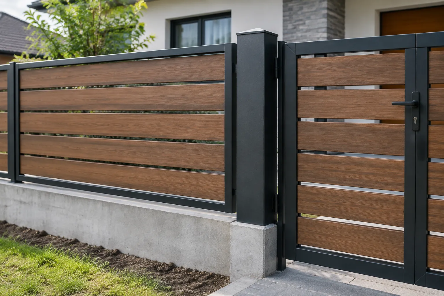 Pagar panel kayu dalam rangka logam dengan gerbang