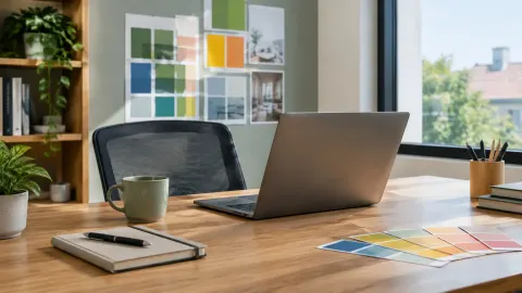 Meja kerja dengan contoh warna dan laptop di depan dinding sampel
