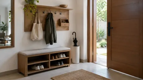 Foyer dengan bangku, rak sepatu, gantungan, dan payung