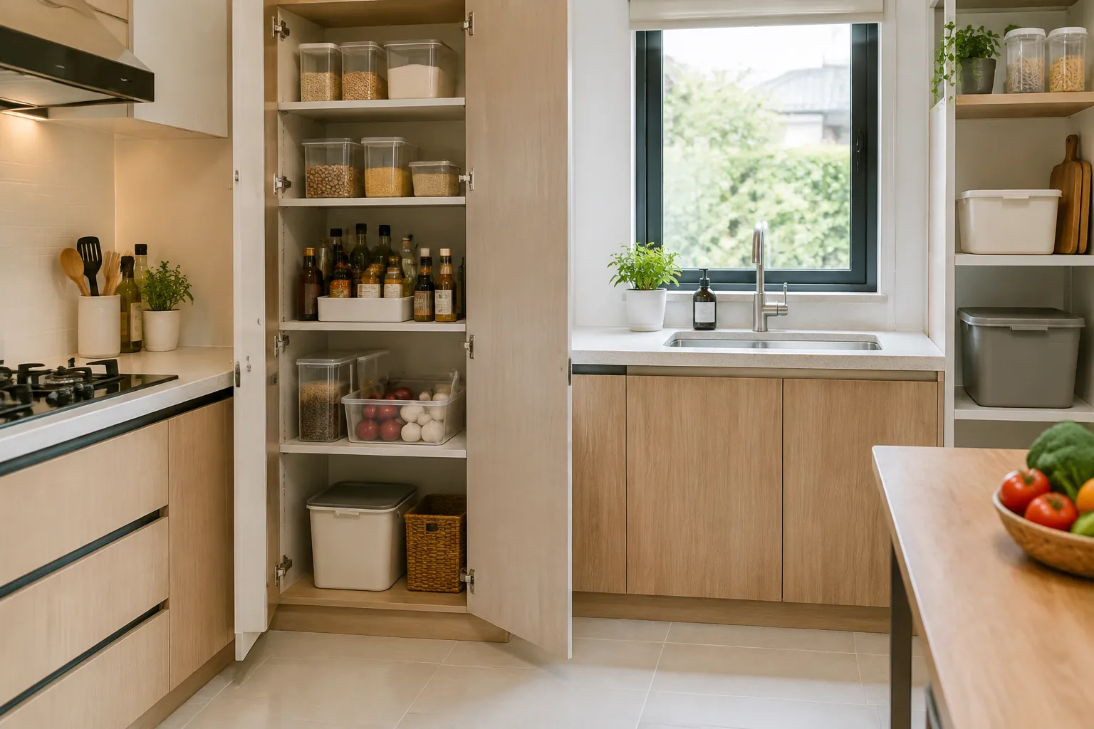 Rak bahan dapur berada dekat bak cuci dan area persiapan