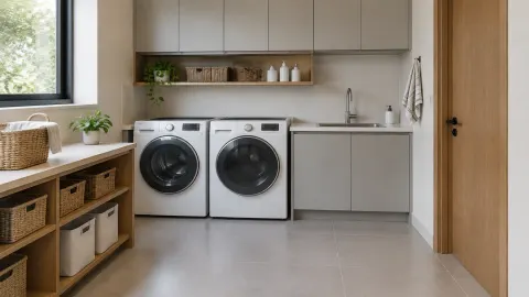 Ruang laundry dengan dua mesin cuci, bak cuci, dan kabinet