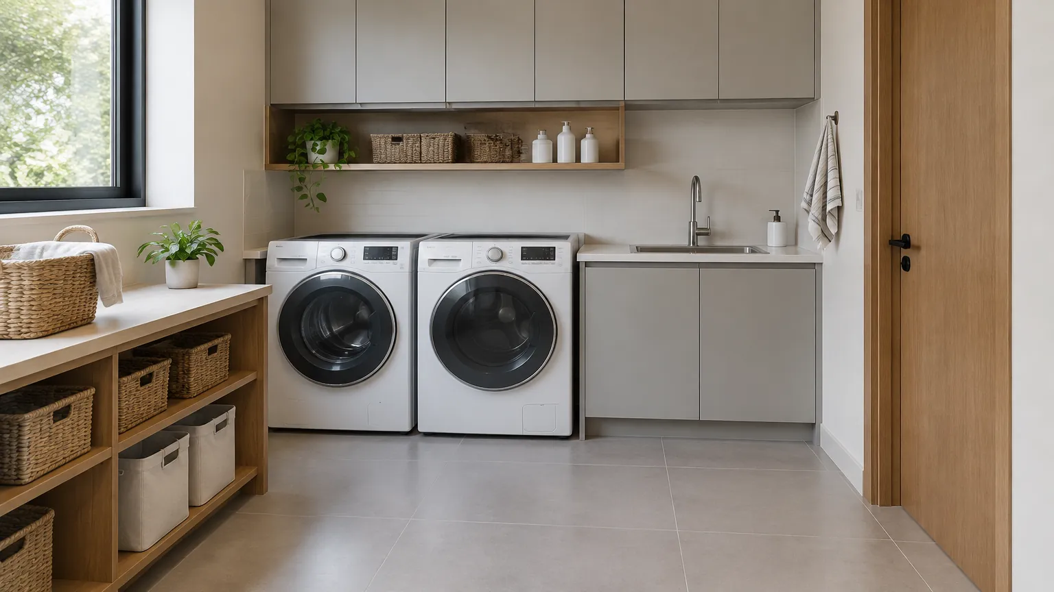Ruang laundry dengan dua mesin cuci, bak cuci, dan kabinet
