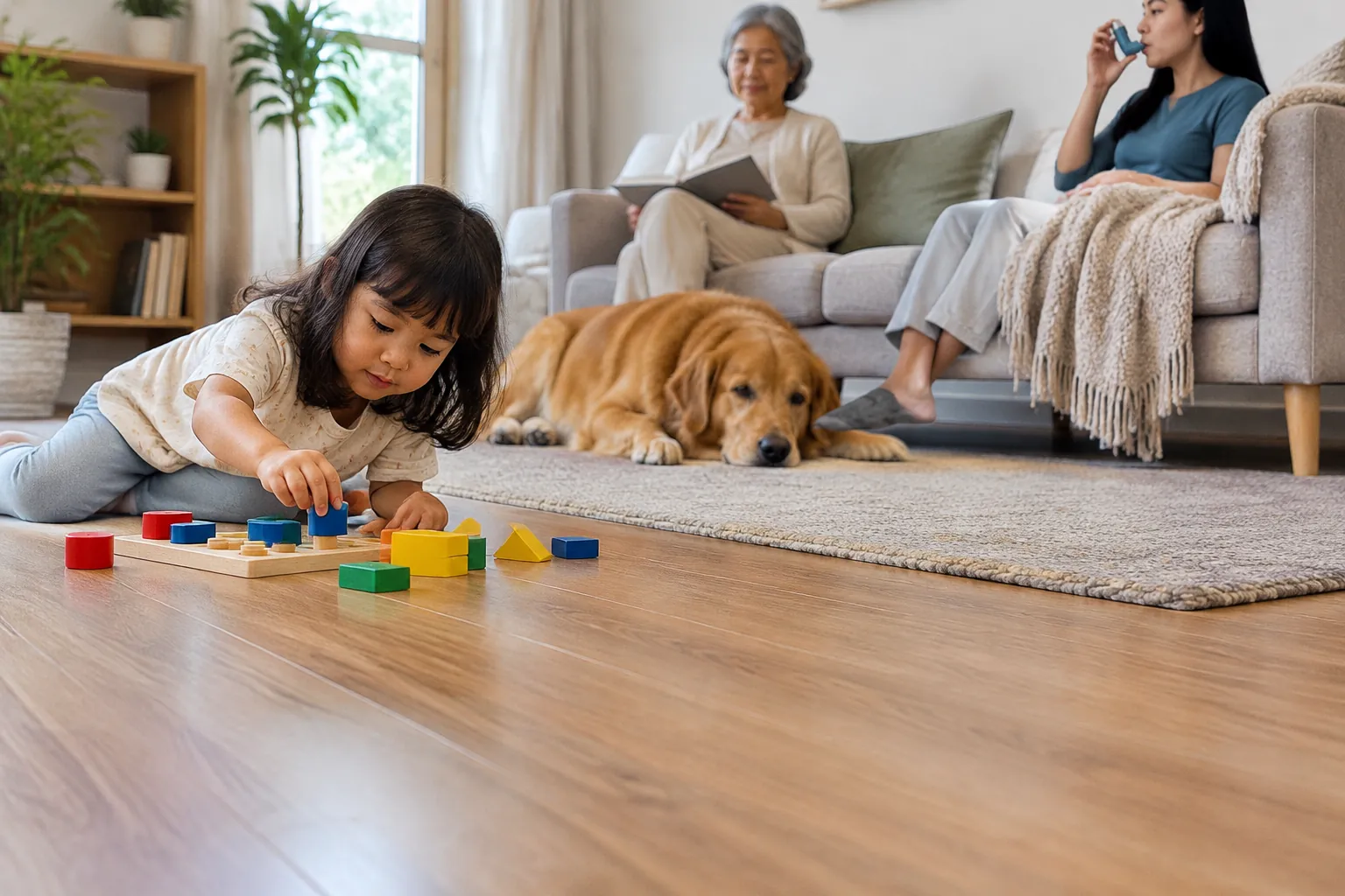Anak bermain di lantai ruang keluarga bersama anjing